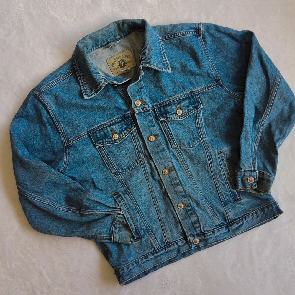 90s Vintage Arizona Jean Denim Trucker Jacket Mens Medium Blue Ring Distressed